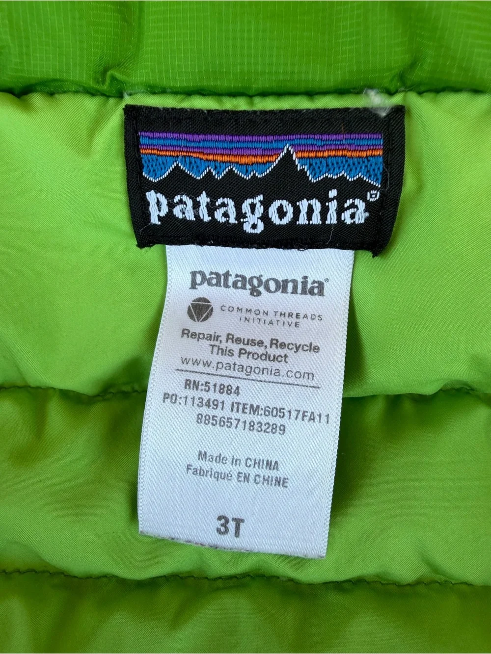 Patagonia Puffer Jacket Down Insulated Kelly Green 3T Unisex Play Condition